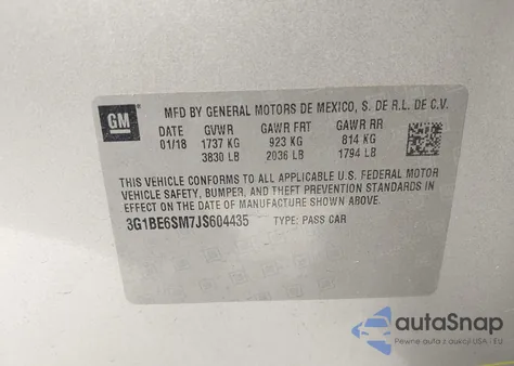 2018 Chevrolet Cruze Lt Auto z USA, uszkodzony, nr VIN 3G1BE6SM7JS604435